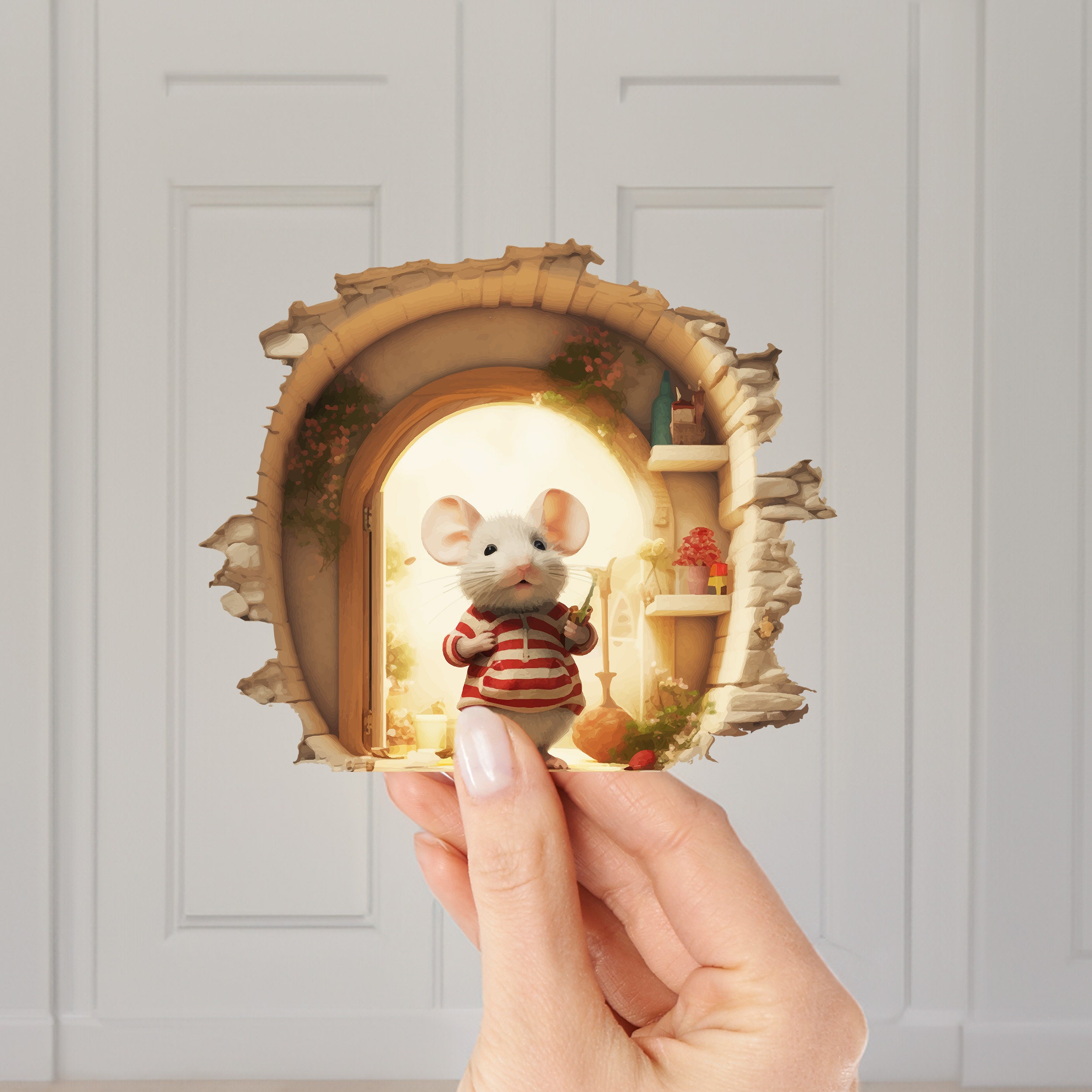 thumbnail interactive-video image 1 of Mouse In Love Hole House Wall Decal – Removable Vinyl Sticker For Living Room, Bedroom 1 of 3