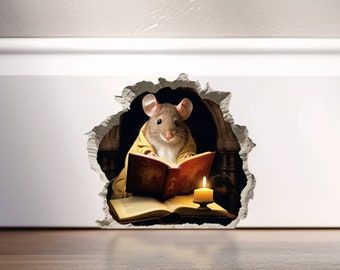 Etiqueta engomada de la lectura del ratón pegatinas de pared del ratón 3d libro de lectura del ratón en la etiqueta engomada de la pared etiqueta de la pared del libro de lectura del ratón