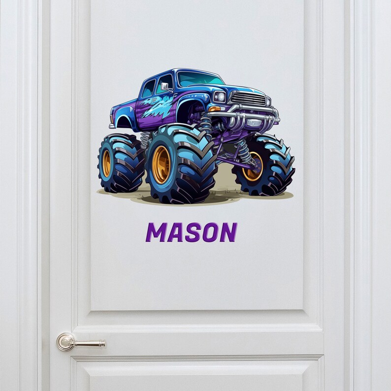 May include: A purple and blue monster truck with large tires and the name "MASON" printed below it.