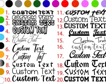 May include: A graphic showing 20 different ways to write "Custom Text" in various fonts and styles. The text is in black and the background is white.