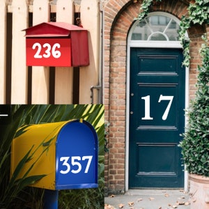 May include: A collage of three images featuring house numbers. A red mailbox with the number 236, a blue and yellow mailbox with the number 357, and a teal door with the number 17 in white.