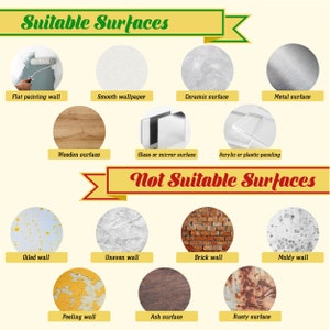 May include: A chart showing suitable and unsuitable surfaces for applying adhesive. Suitable surfaces include flat painting walls, smooth wallpaper, ceramic surfaces, metal surfaces, wooden surfaces, glass or mirror surfaces, and acrylic or plastic paneling.  Unsuitable surfaces include oiled walls, uneven walls, brick walls, moldy walls, peeling walls, ash surfaces, and rusty surfaces.