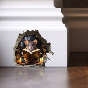 Mouse Reading Book in Wall 3d Sticker Mouse in The Wall Decal 3d Mouse Hole Decal Mouse Hole Wall Sticker Decal for Baseboard