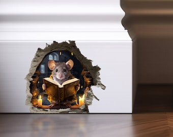 Mouse Reading Book in Wall 3d Sticker Mouse in The Wall Decal 3d Mouse Hole Decal Mouse Hole Wall Sticker Decal for Baseboard