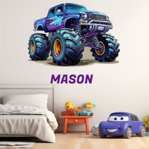 May include: A blue and purple monster truck with large tires and the name "MASON" printed below. The truck is on a white background.