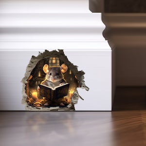 Mouse Hole 3D Wall Stickers Mouse Reading Book in Wall Sticker Mouse Decals Mouse Hole Mouse Reading Book Wall Decal