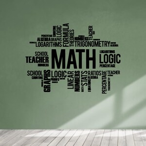May include: Black and white word cloud with the word "MATH" in large letters in the center. The word cloud includes words related to math, such as "numbers", "algebra", "logic", "geometry", "statistics", "ratios", "equations", "graphs", "formulas", "theories", "proofs", "linear", "counting", "percentage", "decimals", "logarithms", "school", "teacher".