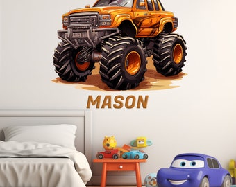 Monster Jam muur stickers voor jongens kamer gekleurde muur sticker Truck aangepaste naam stickers voor muur met Monster Truck Monster Truck kunst aan de muur