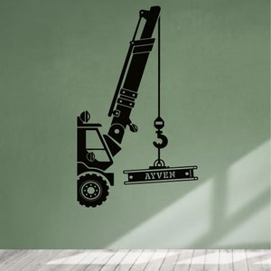 Nom personnalisé Mur Décalcomanie Construction Grue Camion - Nom personnalisé Autocollant Mural Décalque Vinyle Art Enfants Chambre Nursery Decore