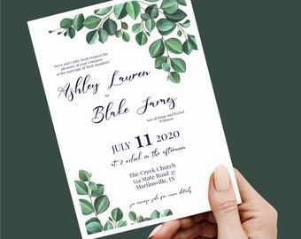 Greenery Wedding Invitation and RSVP Card Template, Eucalyptus Invitation Set, Editable Digital Download