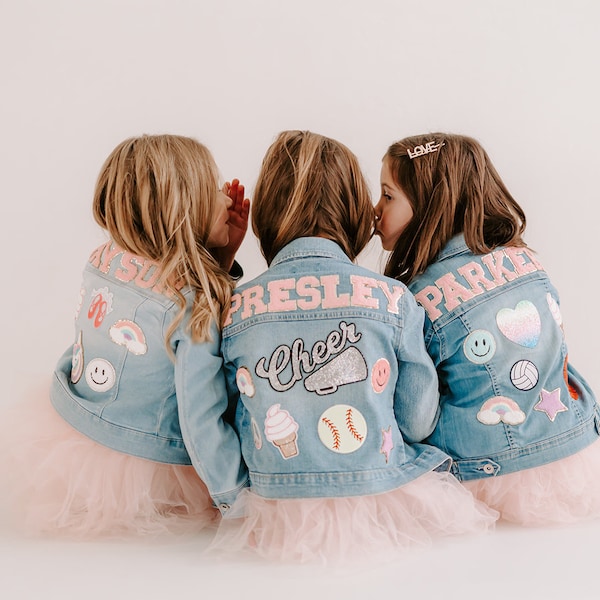 Girls Pink Letter Patch Jean Jacket | Name Patch Jacket | Toddler Girls Custom Jean Jacket | Personalized Jean Jacket, Girls Custom denim ja