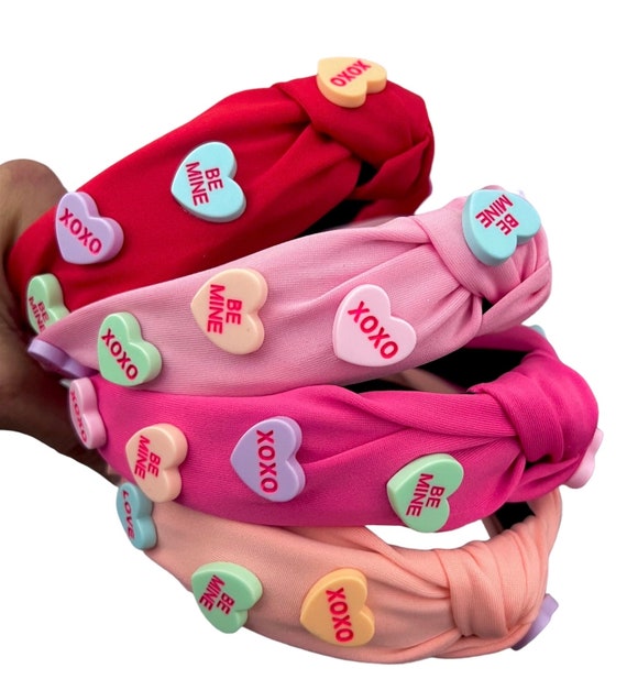 4 Fasce Per Capelli Annodate Con Perle E Cristalli A Cuore Per San Valentino - Rosse E Rosa - Accessori Retrò Per Donne E Ragazze