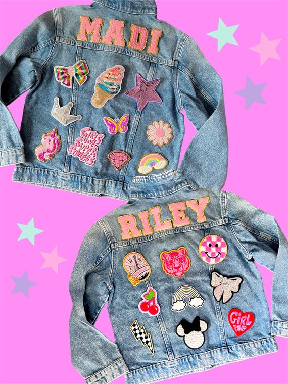 Pink patch denim jacket deals