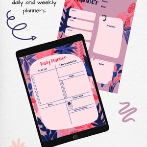 May include: A pink and blue daily and weekly planner set with tropical leaf illustrations. The daily planner has sections for to-do lists, goals, notes, today's mood, and a quote of the day. The weekly planner has sections for Sunday through Tuesday, priorities, and notes.