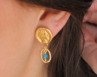 Boucles d'oreille dorées à l'or fin, boucles d'oreille apatite, boucles d'oreille bleues, boucles d'oreille antique, boucles d'oreille