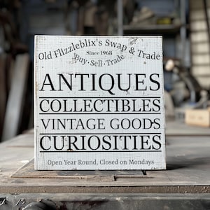 Old Flizzleblix&#39;s Swap and Trade Sign - Rustic Shop Decor, Antiques, Collectibles, Vintage Goods Wall Art, Curiosities Sign