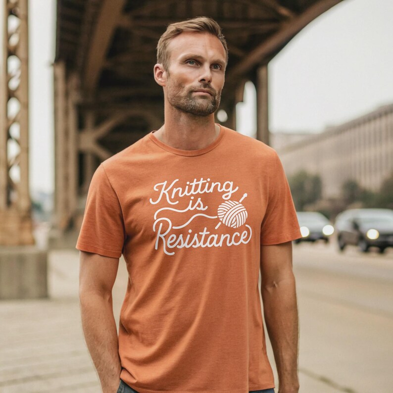100% Cotton Knitting Is Resistance T-Shirt - Minimalist Yarn Graphic Protest-Inspired Tee | Artisan Screen Printed image 3