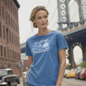 100% Cotton Knitting Is Resistance T-Shirt - Minimalist Yarn Graphic Protest-Inspired Tee | Artisan Screen Printed image 2
