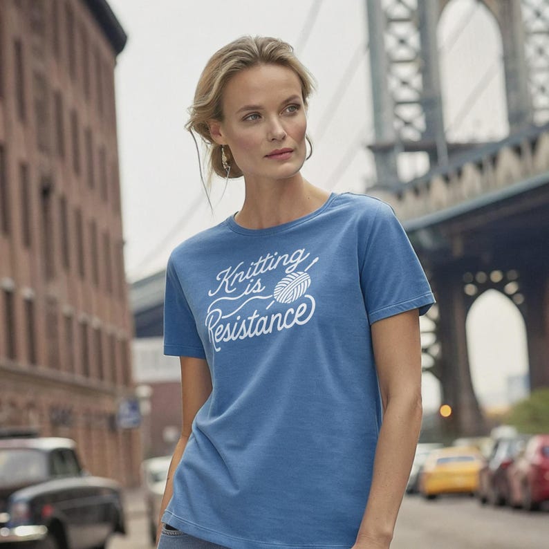 100% Cotton Knitting Is Resistance T-Shirt - Minimalist Yarn Graphic Protest-Inspired Tee | Artisan Screen Printed image 2