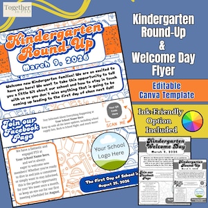 Kindergarten Round Up Flyer | Editable Canva Template, PTO Welcome Day (Ink-Friendly Version)