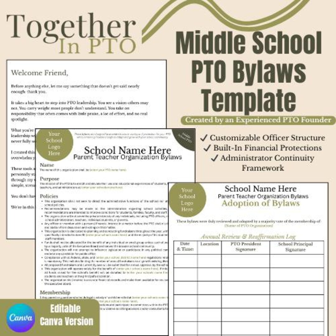 Middle School PTO Bylaws Template Editable Canva Framework (digital