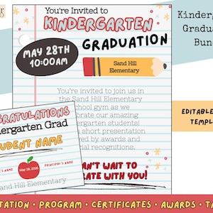 Könnte beinhalten: Ein Kindergarten-Abschluss-Bundle mit editierbaren Canva-Vorlagen. Das Design umfasst eine Einladung, ein Programm, Zertifikate, Auszeichnungen und Tags. Die Einladung enthält den Text "Sie sind zur Kindergarten-Abschlussfeier eingeladen" und das Datum 28. Mai um 10:00 Uhr.