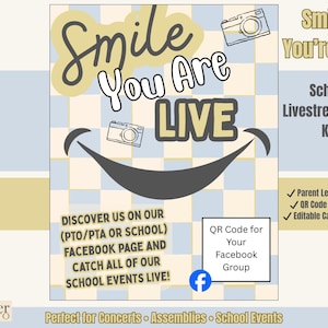 Smile You’re Live School Livestream Sign | Editable Canva Template | PTO Facebook Live Event Sign | School Concert Streaming Toolkit