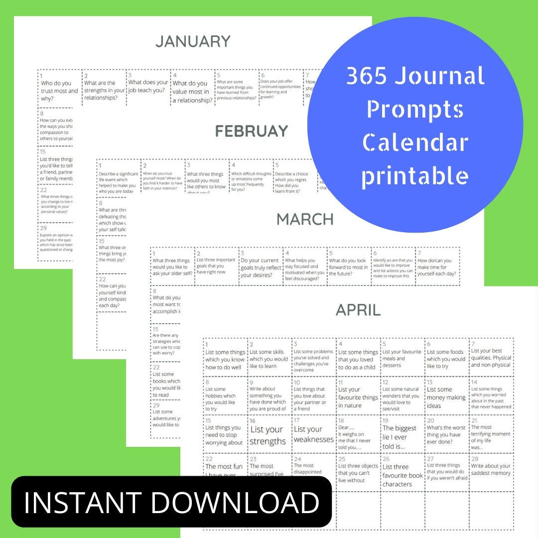 365 Journal Prompts Calendar Printable Journal Prompts Etsy