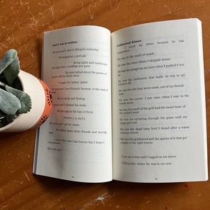 May include: Open book with a poem about goldenrod kisses. The poem is written in a simple, conversational style and describes the beauty of goldenrod flowers. The book is open to page 24 and 25.