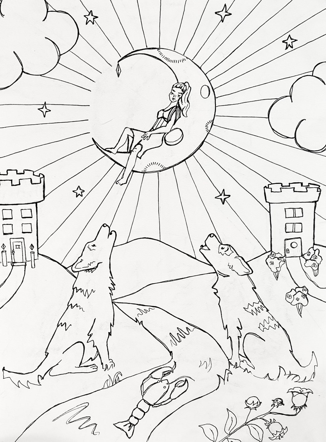 Adult Coloring Page Printable the Moon Tarot Card - Etsy