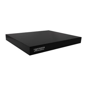 May include: A rectangular, solid black platform with a smooth, matte finish. The front edge features the white text "BUTCHER BLOCK Acoustics" printed in a stylized font. The object is a thick, flat, slab-like base designed for audio equipment.