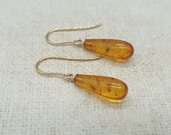 9ct Yellow Gold Amber Earrings, Baltic Amber Drop Dangle Hooks 9K 375 Solid Gold Jewellery