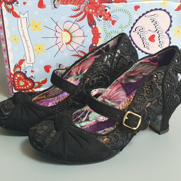 Irregular Choice Black Suede and Lace Shoes with Strap, EU 37 UK 4, Vinatge Mary Jane 20s Gatsby Retro Style Costume Party,  Boxed, Preowned