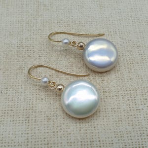 9ct yellow Gold Pearl Earrings, Cultured Freshwater Coin Pearls 12mm, 9K 375 Solid Gold Ear Wire Hooks, Drop Dangle Earrings