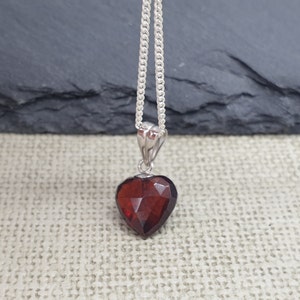 925 Sterling Silver Garnet Heart Pendant Necklace, Natural 3D Faceted Garnet Stone, Sterling Silver Curb Chain, January birthstone Gift