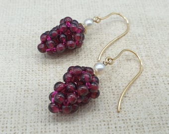 Victorian Style 9ct Gold Garnet and Pearl Grape Earrings, 9K 375 Solid Yellow Gold, Natural Stones, Antique Style Drop Dangle Hooks