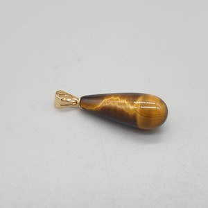 Pendentif oeil de tigre en or jaune 9 carats, grosse goutte naturelle hautement polie AAA 20 x 8 mm, anneau en or massif 375 9K 6 x 4 mm