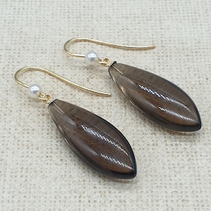 Victorian Style 9ct Gold Smokey Quartz and Pearl Drop Dangle Earrings, Ear Wire Hooks, Large Natural Drop Stones, 9K 375 Solid Yellow Gold