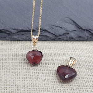 9ct 9K Yellow Gold Garnet Heart Pendant Necklace, Natural 3D Faceted Garnet Stone, Solid Gold Diamond Cut Curb Chain, January birthstone