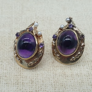 Antique 9ct Yellow Gold Amethyst and Seed Pearl Stud Earrings, Natural Amethyst Cabochon Rare Find 9K Gold Victorian Large Heavy Studs 7.08g