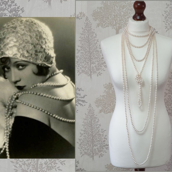 Collier clapet de perles d'eau douce, collier opéra de perles de culture de style Gatsby des années 20, ivoire, presque rond noué, 47" 60" de long