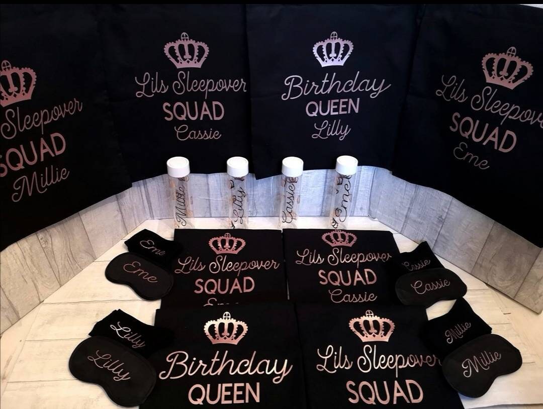 Personalised Birthday Sleepover Squad Sets. Birthday Party, Sleepover ...