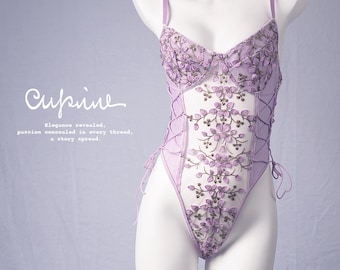 Lavender Floral Embroidered Bodysuit • Sheer Lace Lingerie with Side Lace-Up