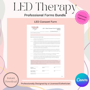 Könnte beinhalten: Ein rosa-weißes, druckbares LED-Therapie-Einverständnisformular mit dem Text "LED Therapy Professional Forms Bundle" und "LED Consent Form". Das Formular enthält einen Abschnitt für den Namen des Kunden, die Unterschrift und das Datum. Das Formular enthält auch einen Abschnitt für den Firmennamen und einen Haftungsausschluss.