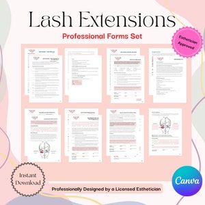 May include: A set of printable lash extension forms designed by a licensed esthetician. The forms include a client intake form, consent form, and aftercare instructions. The forms are available for instant download and are approved by an esthetician.