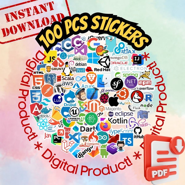 100 Pcs Programming Sticker Pack, Coding Stickers, Software Stickers, Programmer Stickers, Software Developer Decals, Design For Laptop