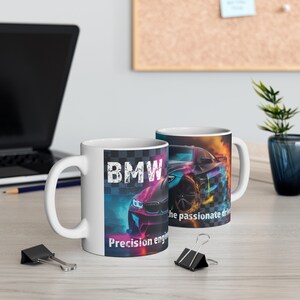 May include: White ceramic mug with a colorful image of a BMW car and the text "BMW Precision engine for the passionate driver".