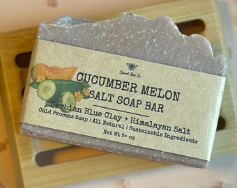 Cucumber Melon Salt Soap Bar | Serbian Blue Clay, Himalayan Exfoliating (Cold Process)