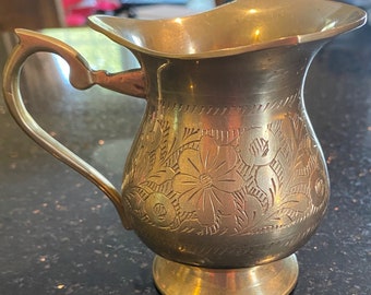 Vintage Brass Mini Pitcher with Floral Pattern 3.5"