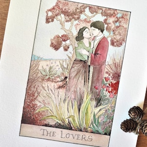 La acuarela única de los amantes. Arte de pared de cartas de tarot. La pintura del tarot de la carta de los Enamorados. Aniversario de compromiso de regalo de parejas del día de san valentín